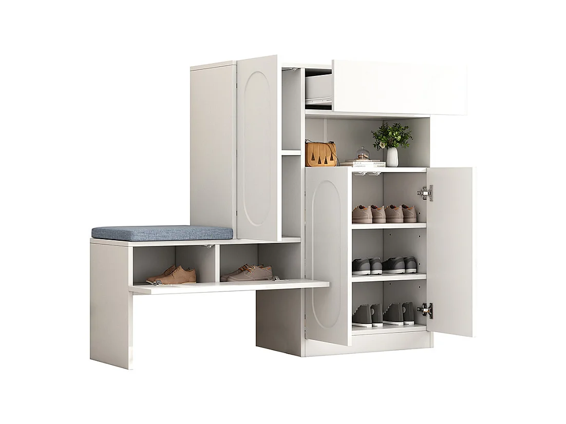 Meuble à chaussures blanc 2 en 1 portes cintrées rabattable soft close compartiments réglables banc rembourré