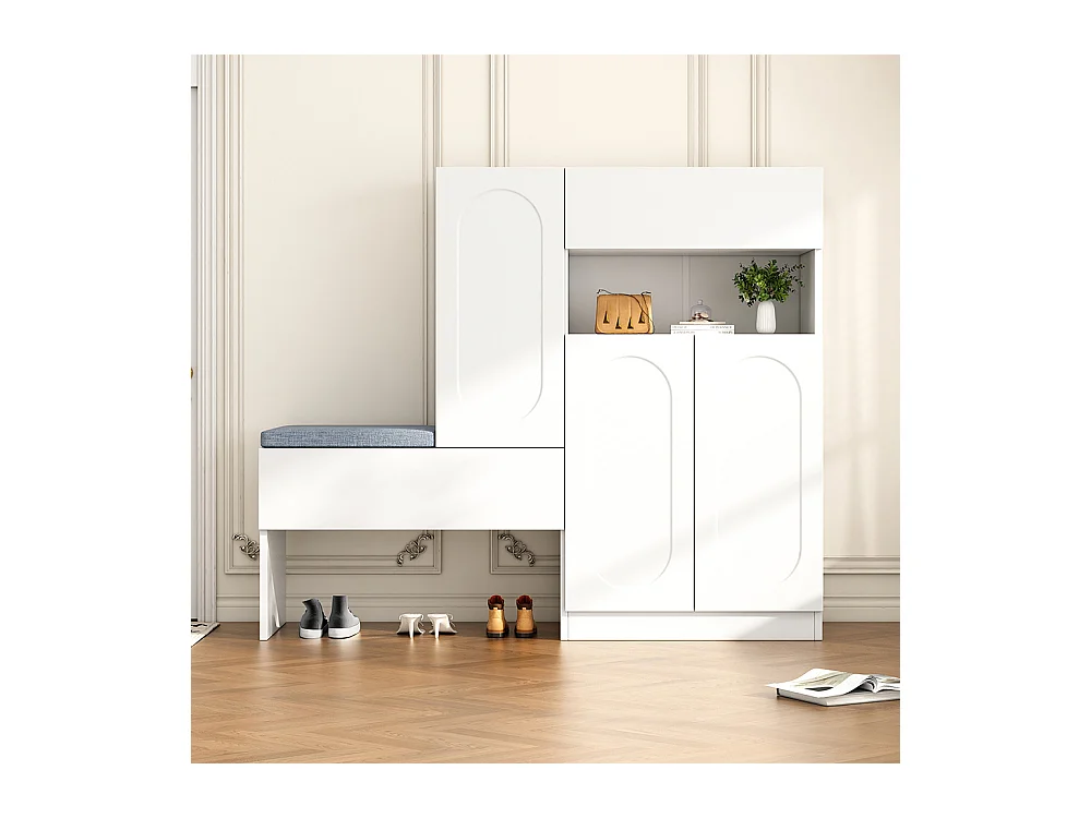 Meuble à chaussures blanc 2 en 1 portes cintrées rabattable soft close compartiments réglables banc rembourré