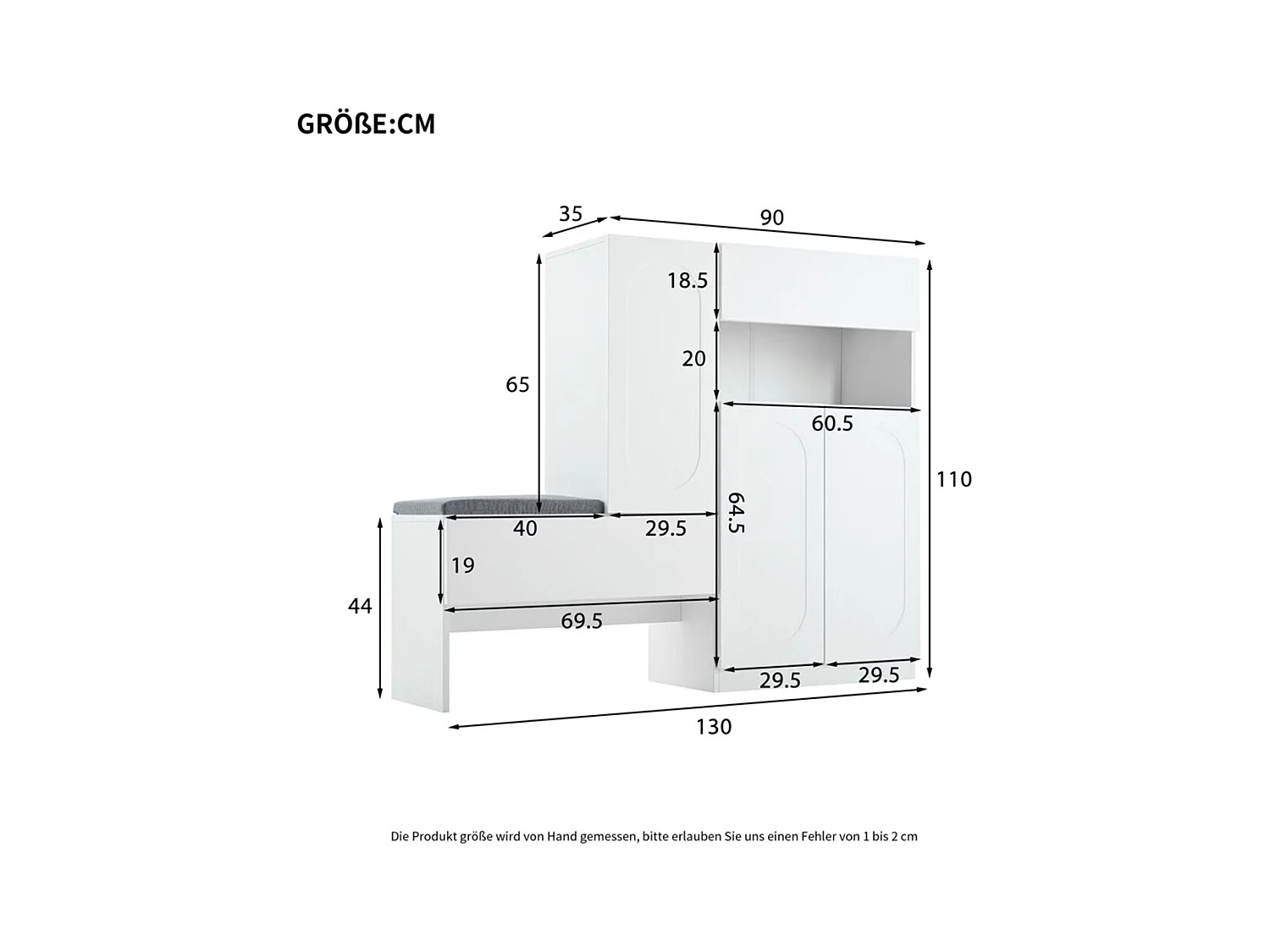 Meuble à chaussures blanc 2 en 1 portes cintrées rabattable soft close compartiments réglables banc rembourré