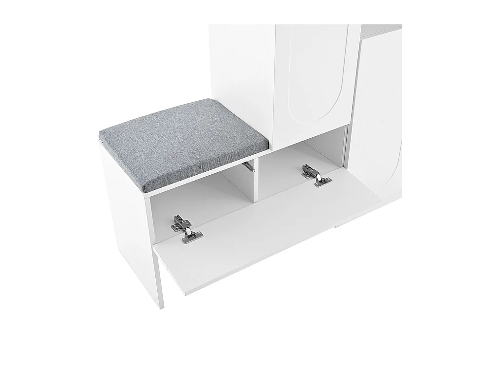 Meuble à chaussures blanc 2 en 1 portes cintrées rabattable soft close compartiments réglables banc rembourré