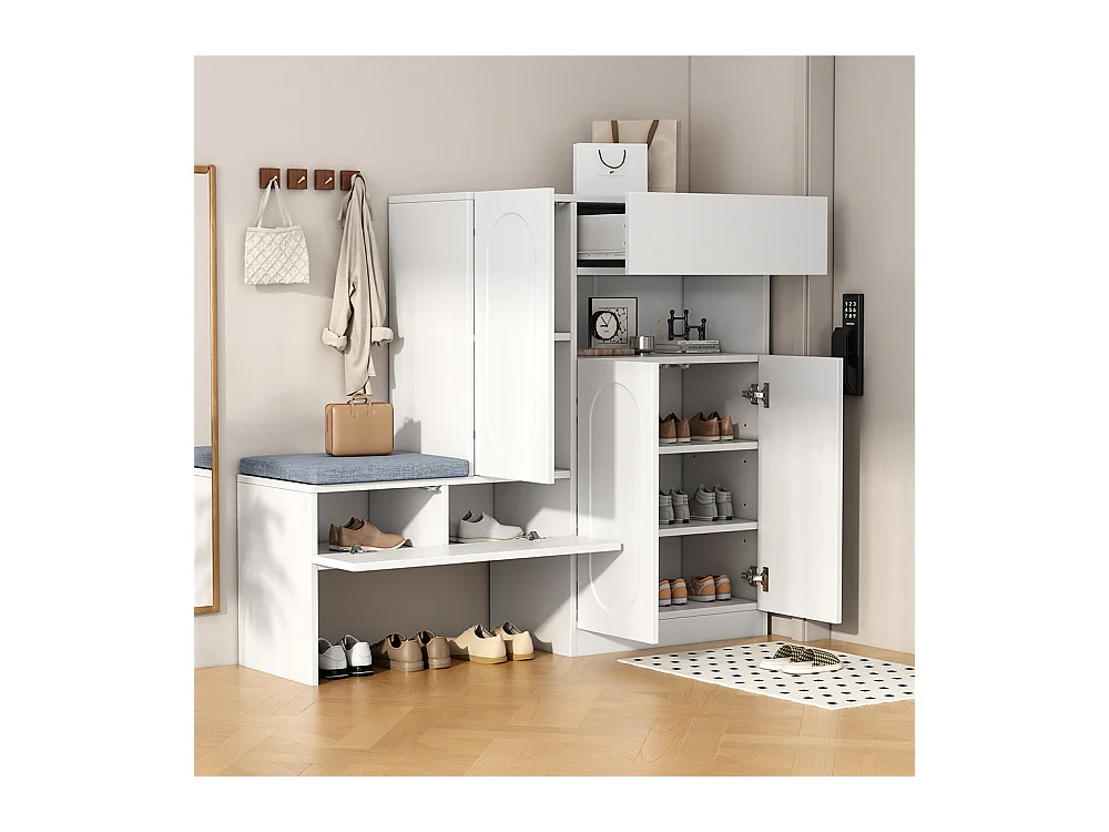 Meuble à chaussures blanc 2 en 1 portes cintrées rabattable soft close compartiments réglables banc rembourré