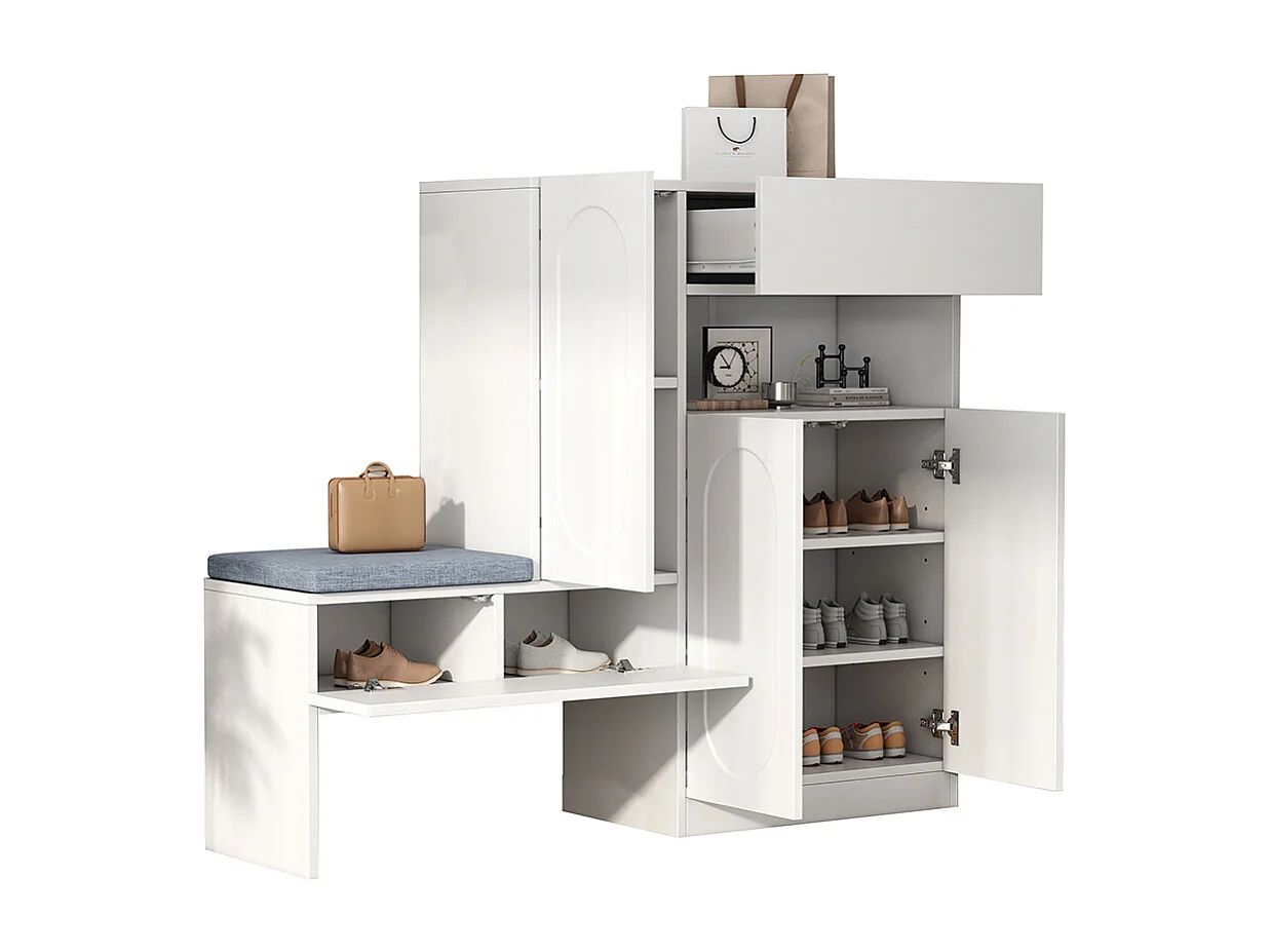 Meuble à chaussures blanc 2 en 1 portes cintrées rabattable soft close compartiments réglables banc rembourré
