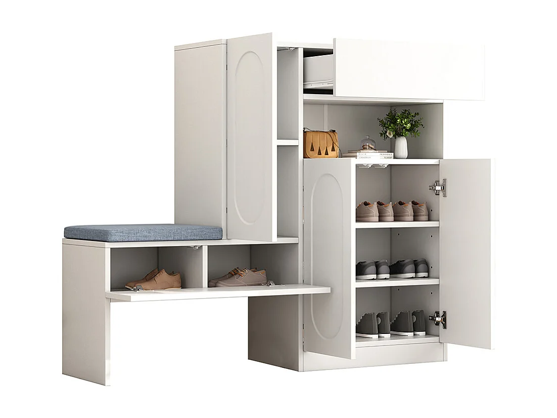 Meuble à chaussures blanc 2 en 1 portes cintrées rabattable soft close compartiments réglables banc rembourré