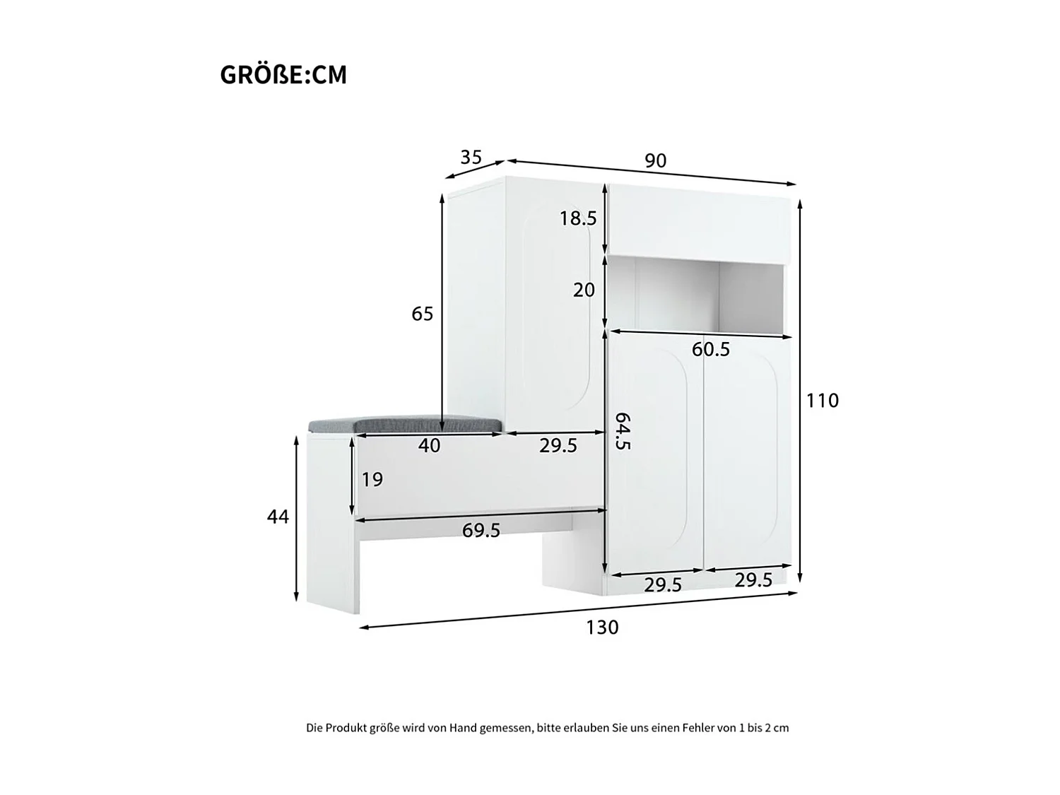 Meuble à chaussures blanc 2 en 1 portes cintrées rabattable soft close compartiments réglables banc rembourré