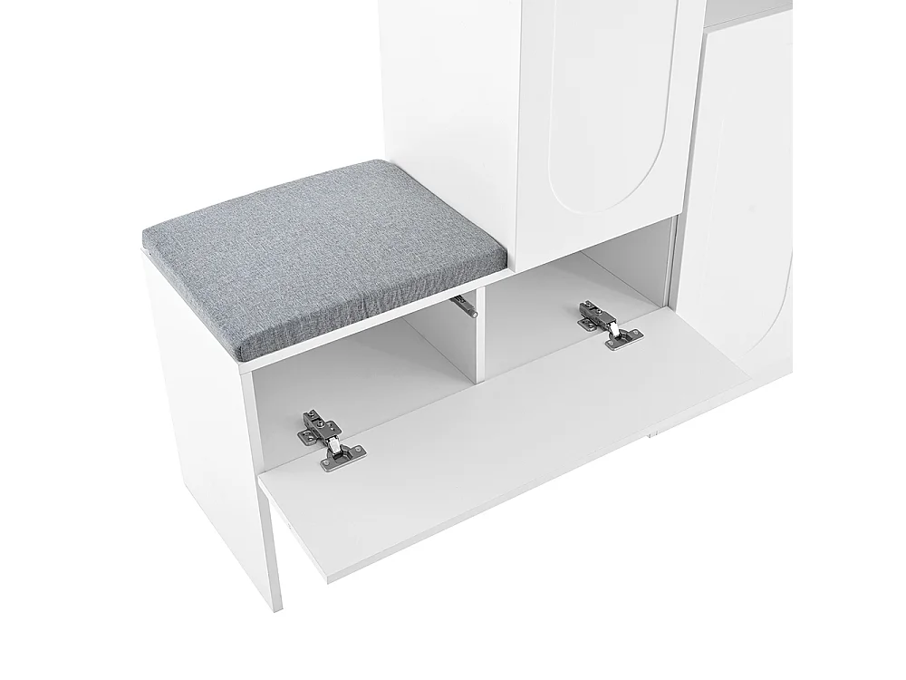 Meuble à chaussures blanc 2 en 1 portes cintrées rabattable soft close compartiments réglables banc rembourré
