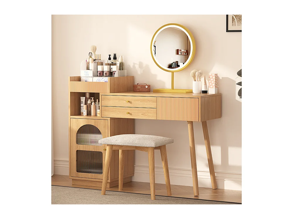 Coiffeuse naturel miroir LED éclairage 3 couleurs bois chambre studio sans tabouret