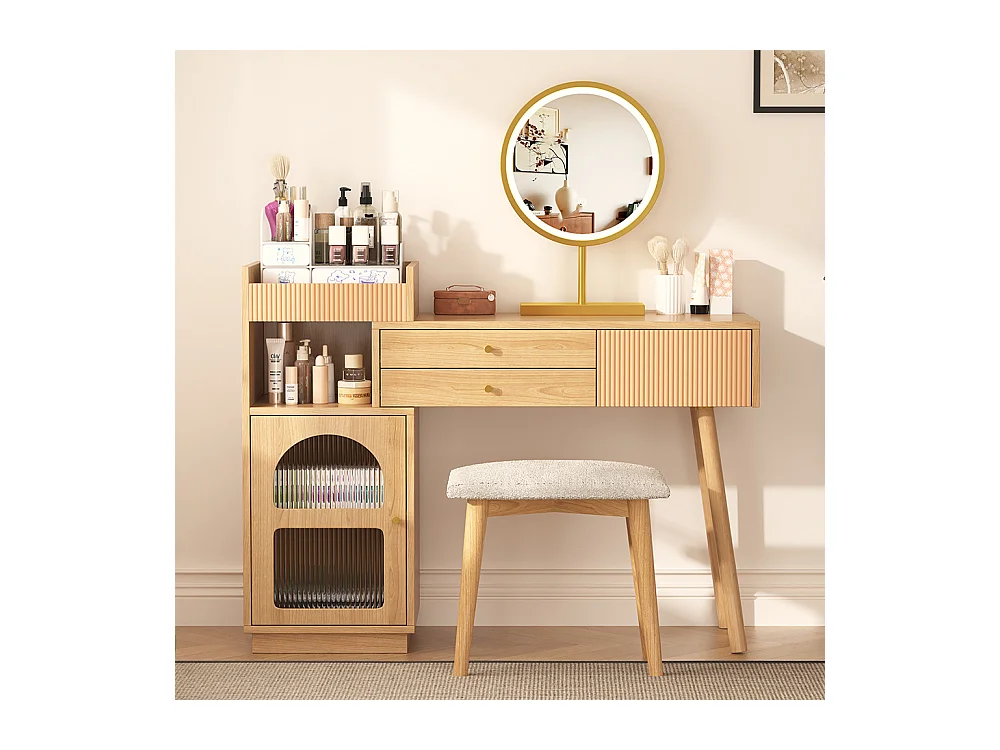 Coiffeuse naturel miroir LED éclairage 3 couleurs bois chambre studio sans tabouret