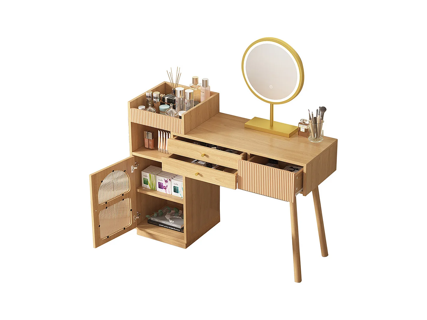 Coiffeuse naturel miroir LED éclairage 3 couleurs bois chambre studio sans tabouret
