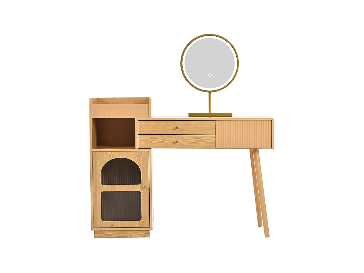 Coiffeuse naturel miroir LED éclairage 3 couleurs bois chambre studio sans tabouret
