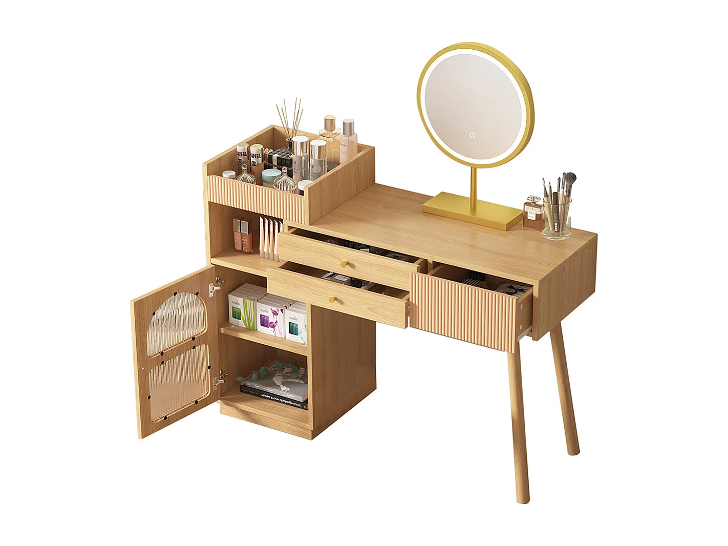 Coiffeuse naturel miroir LED éclairage 3 couleurs bois chambre studio sans tabouret