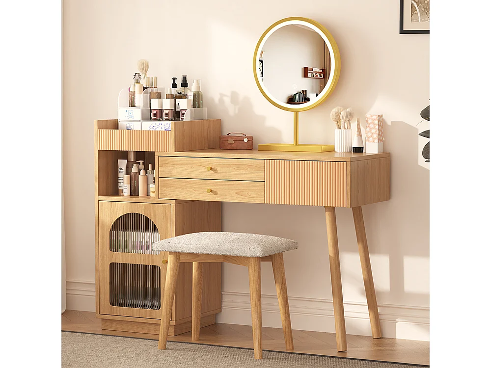 Coiffeuse naturel miroir LED éclairage 3 couleurs bois chambre studio sans tabouret
