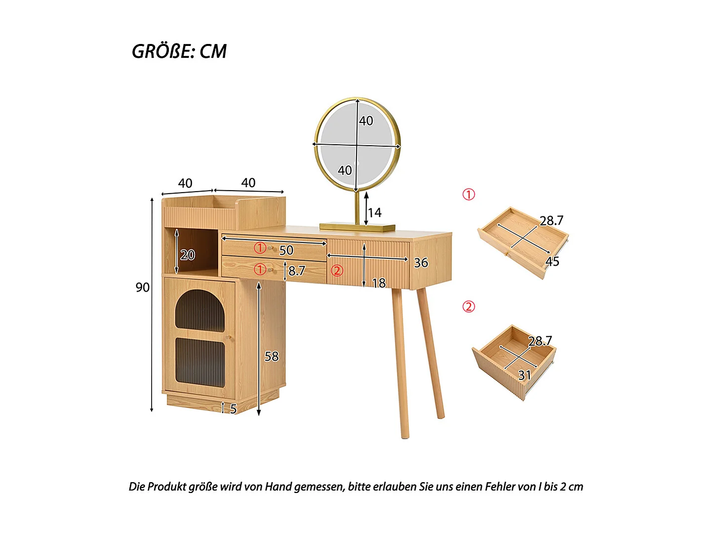 Coiffeuse naturel miroir LED éclairage 3 couleurs bois chambre studio sans tabouret