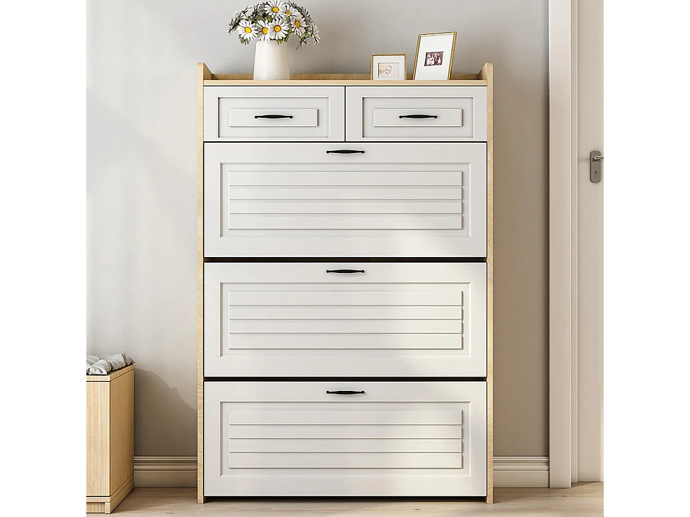 Meuble à chaussures naturel armoire pivotante trois abattants deux tiroirs bois entrées salons