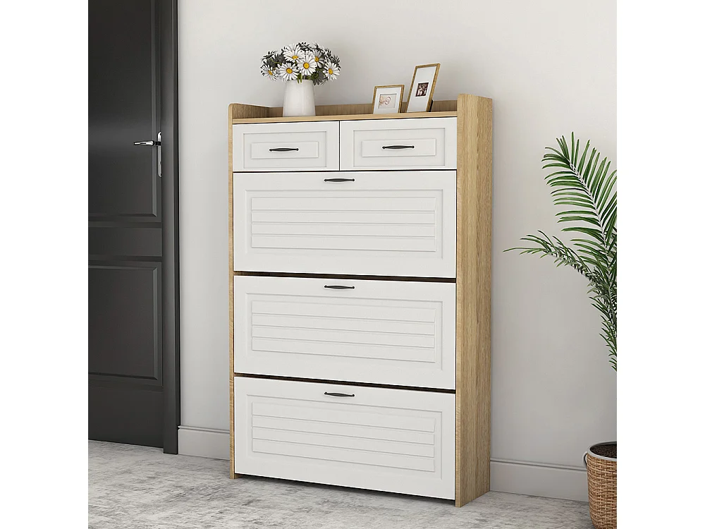 Meuble à chaussures naturel armoire pivotante trois abattants deux tiroirs bois entrées salons