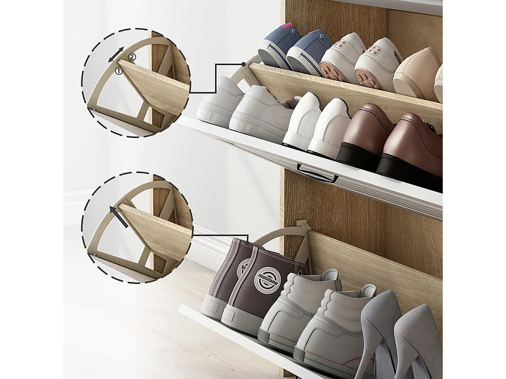 Meuble à chaussures naturel armoire pivotante trois abattants deux tiroirs bois entrées salons