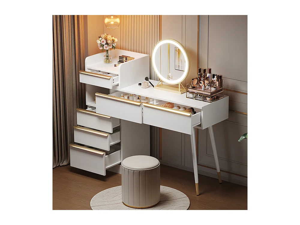 Coiffeuse blanc plateau coulissant 6 tiroirs poignées dorées miroir LED lumière tamisable sans tabouret