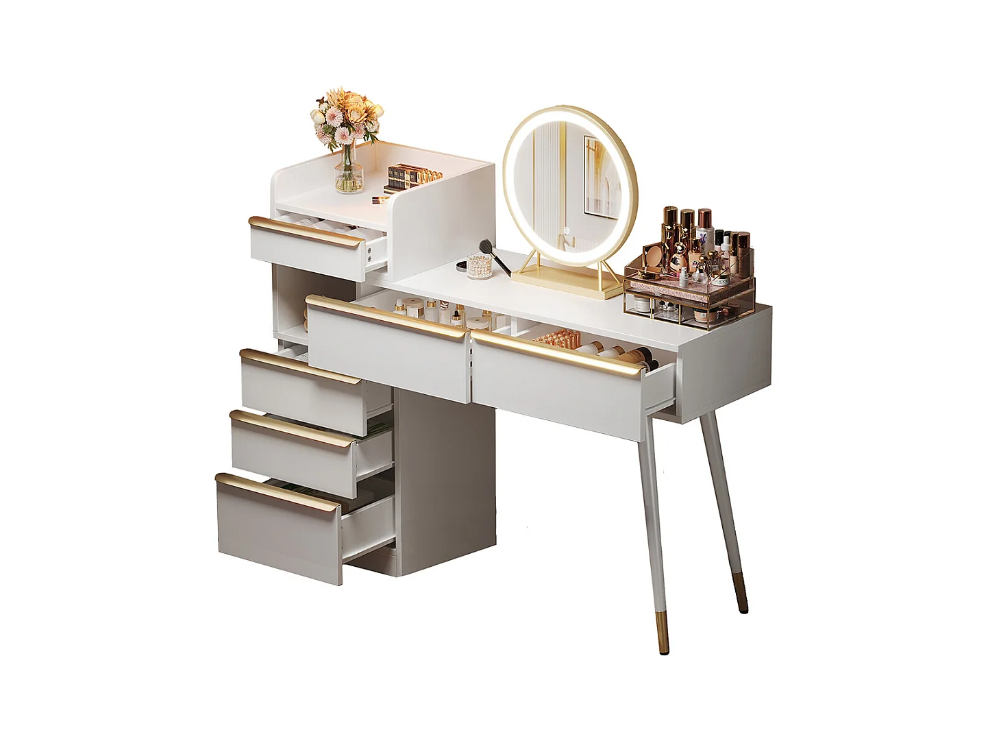 Coiffeuse blanc plateau coulissant 6 tiroirs poignées dorées miroir LED lumière tamisable sans tabouret