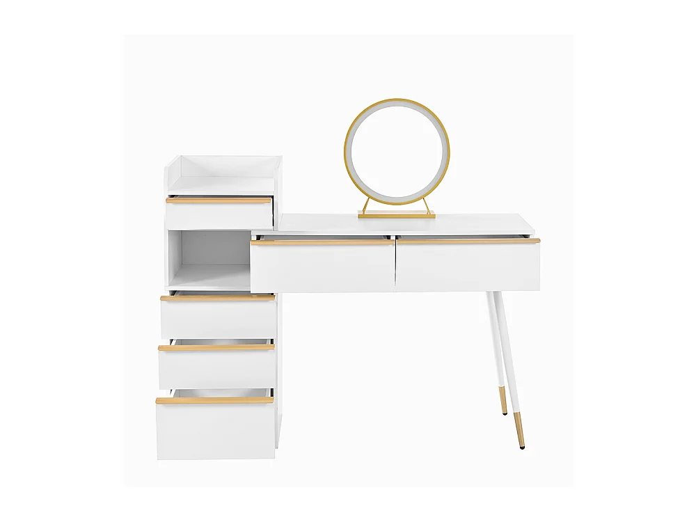 Coiffeuse blanc plateau coulissant 6 tiroirs poignées dorées miroir LED lumière tamisable sans tabouret