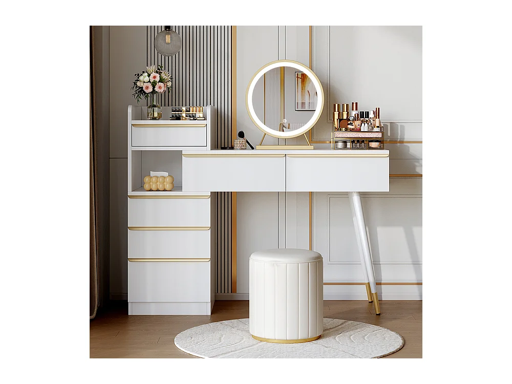 Coiffeuse blanc plateau coulissant 6 tiroirs poignées dorées miroir LED lumière tamisable sans tabouret