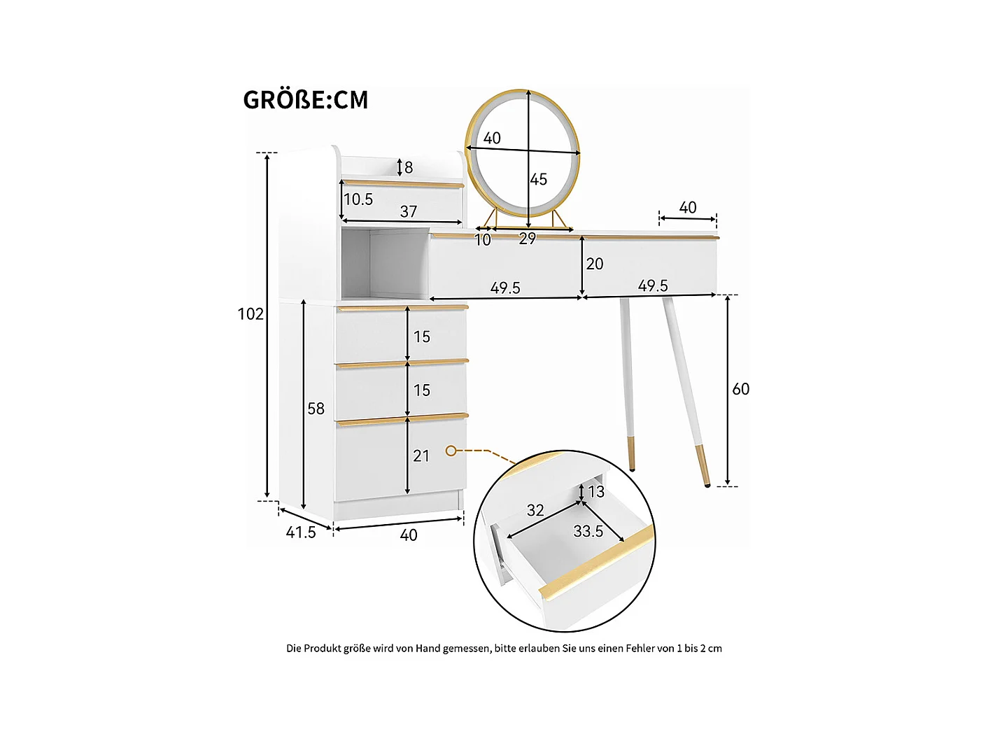 Coiffeuse blanc plateau coulissant 6 tiroirs poignées dorées miroir LED lumière tamisable sans tabouret
