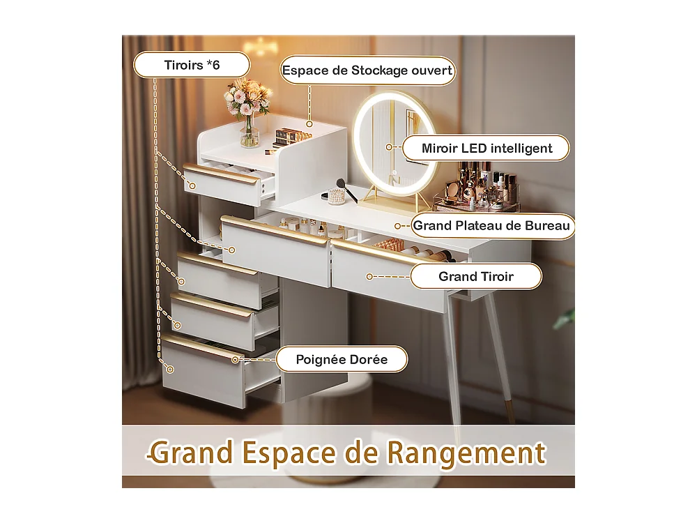 Coiffeuse blanc plateau coulissant 6 tiroirs poignées dorées miroir LED lumière tamisable sans tabouret