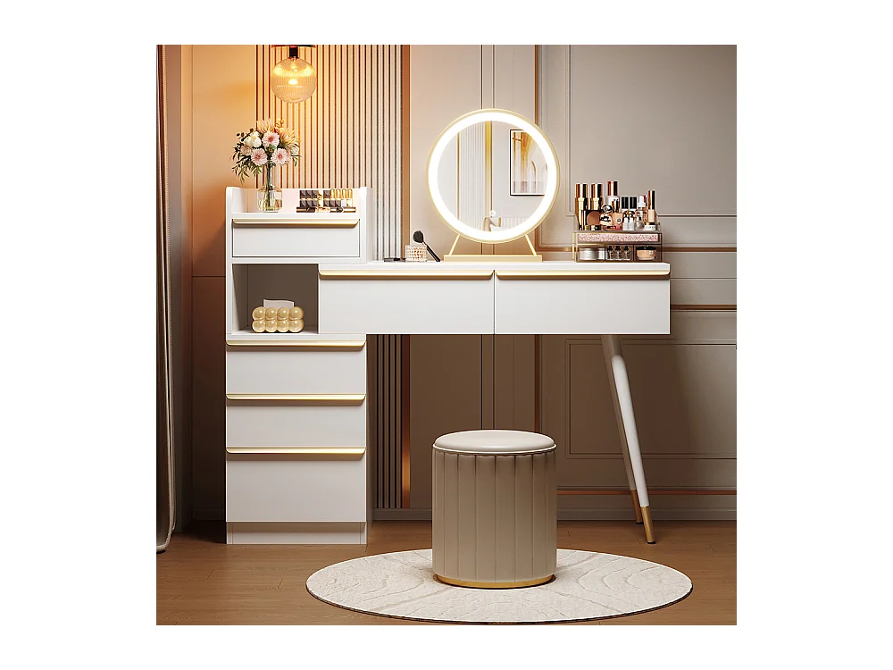 Coiffeuse blanc plateau coulissant 6 tiroirs poignées dorées miroir LED lumière tamisable sans tabouret