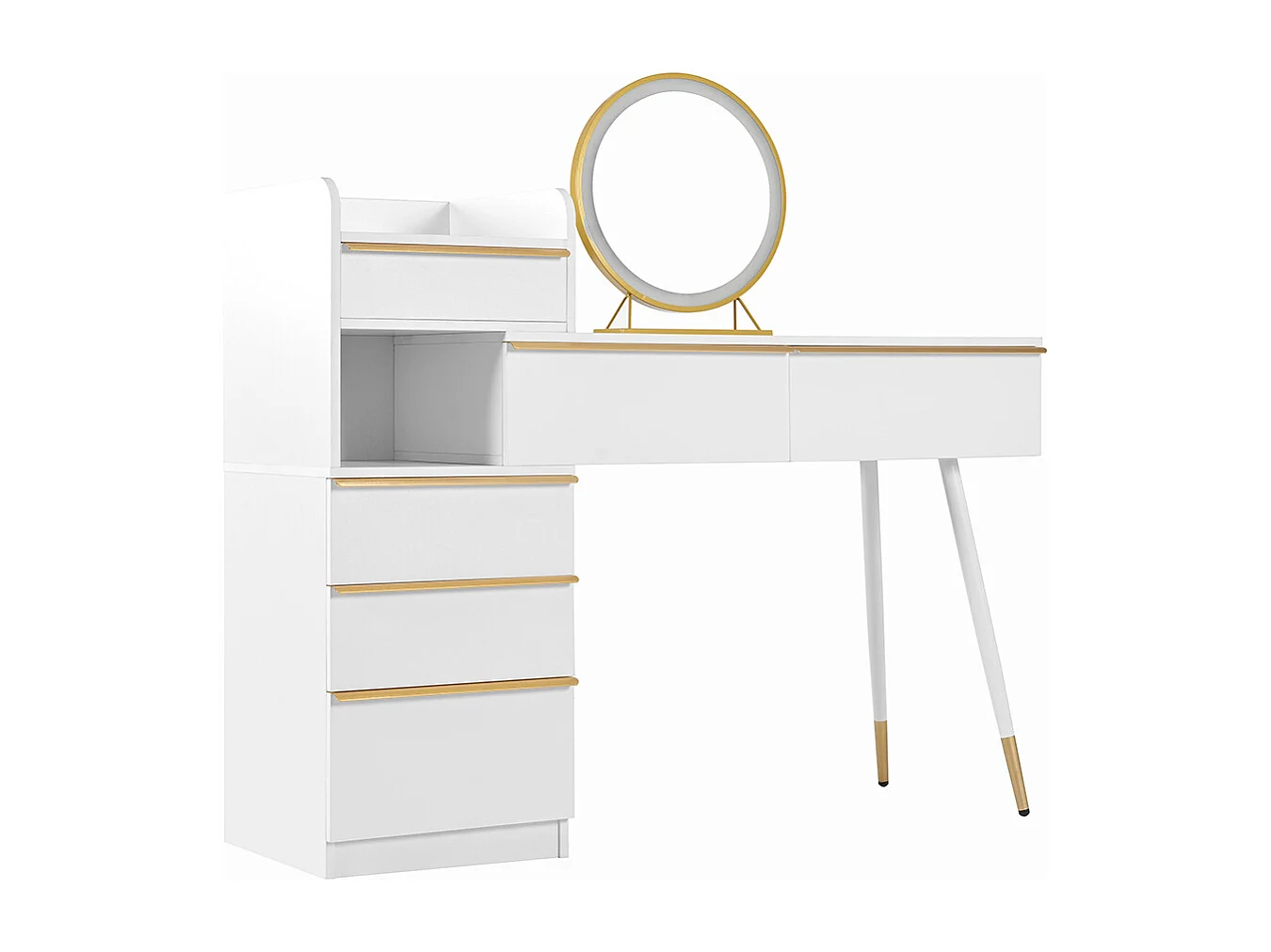 Coiffeuse blanc plateau coulissant 6 tiroirs poignées dorées miroir LED lumière tamisable sans tabouret