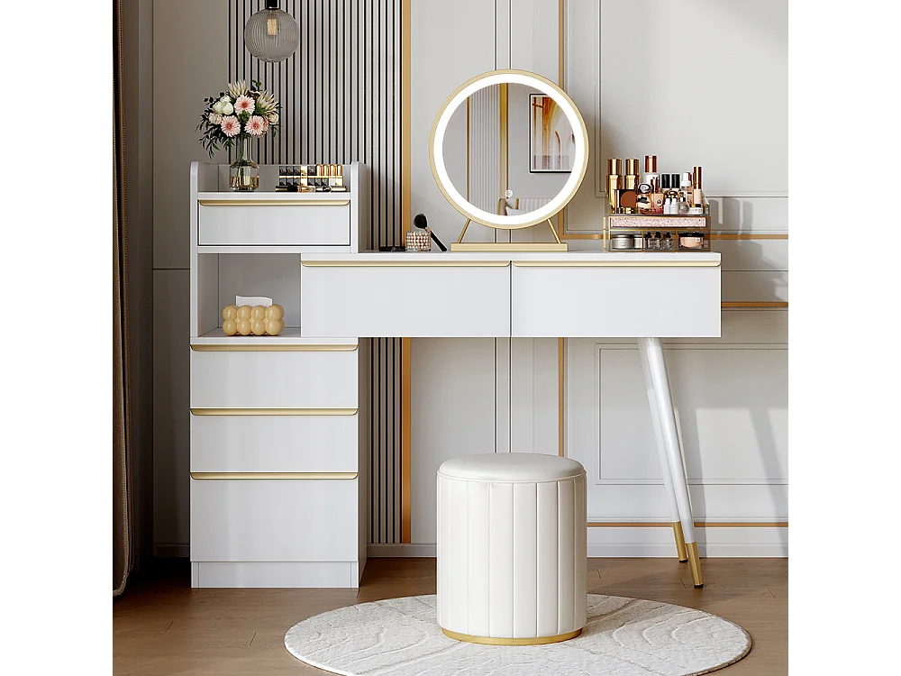 Coiffeuse blanc plateau coulissant 6 tiroirs poignées dorées miroir LED lumière tamisable sans tabouret