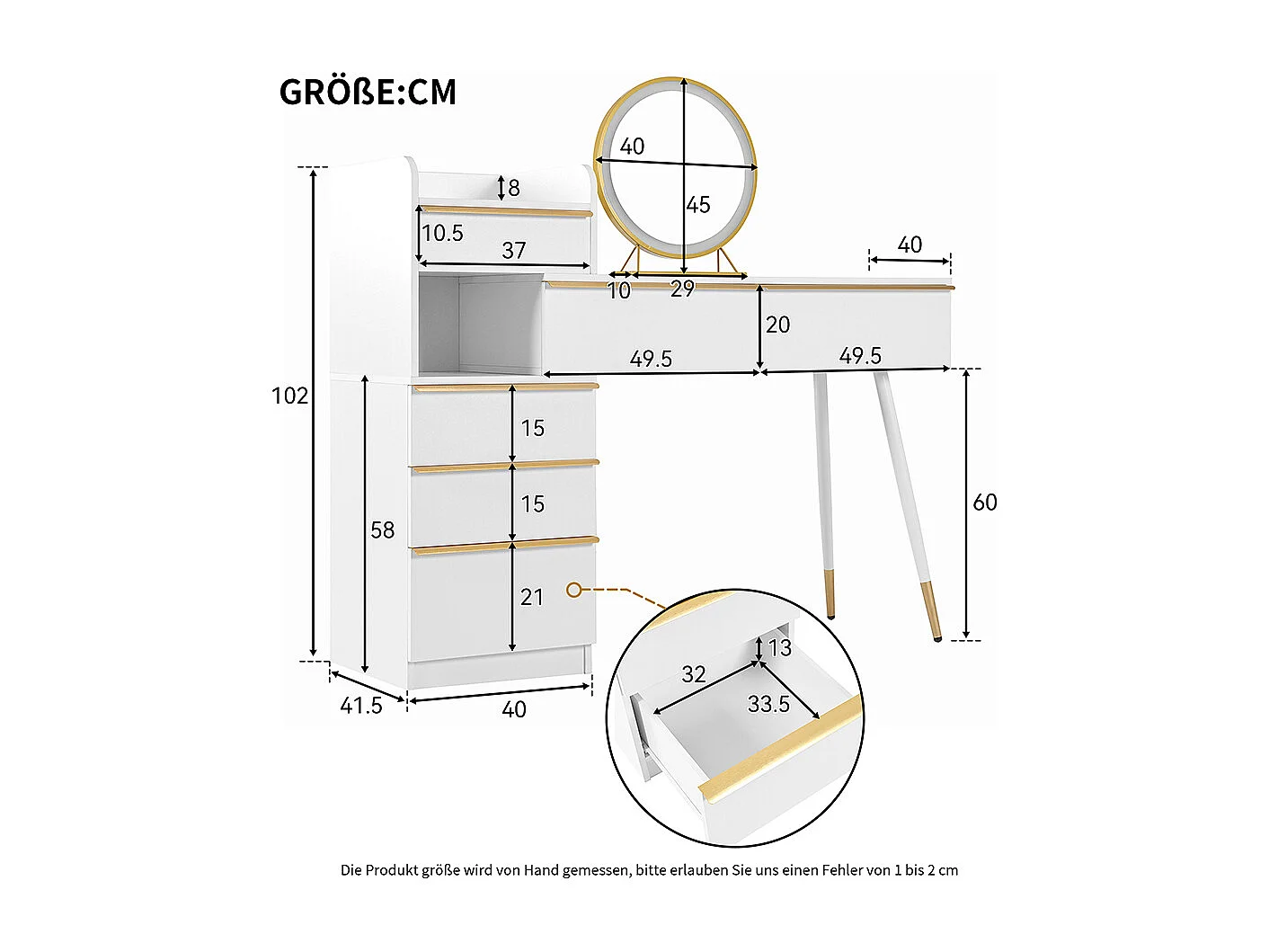 Coiffeuse blanc plateau coulissant 6 tiroirs poignées dorées miroir LED lumière tamisable sans tabouret