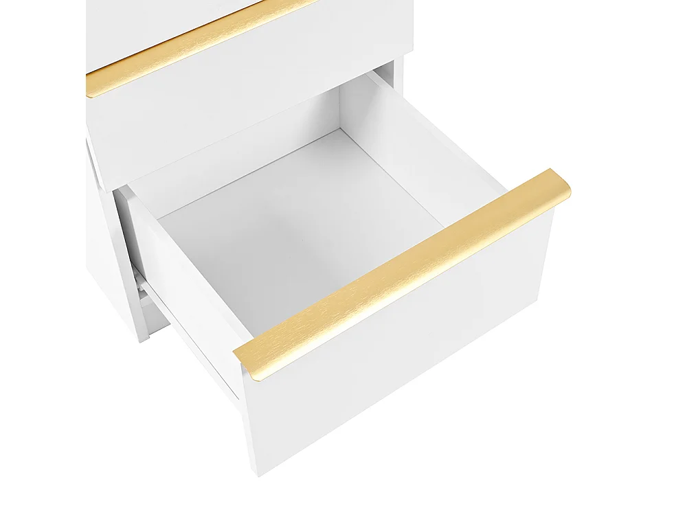 Coiffeuse blanc plateau coulissant 6 tiroirs poignées dorées miroir LED lumière tamisable sans tabouret
