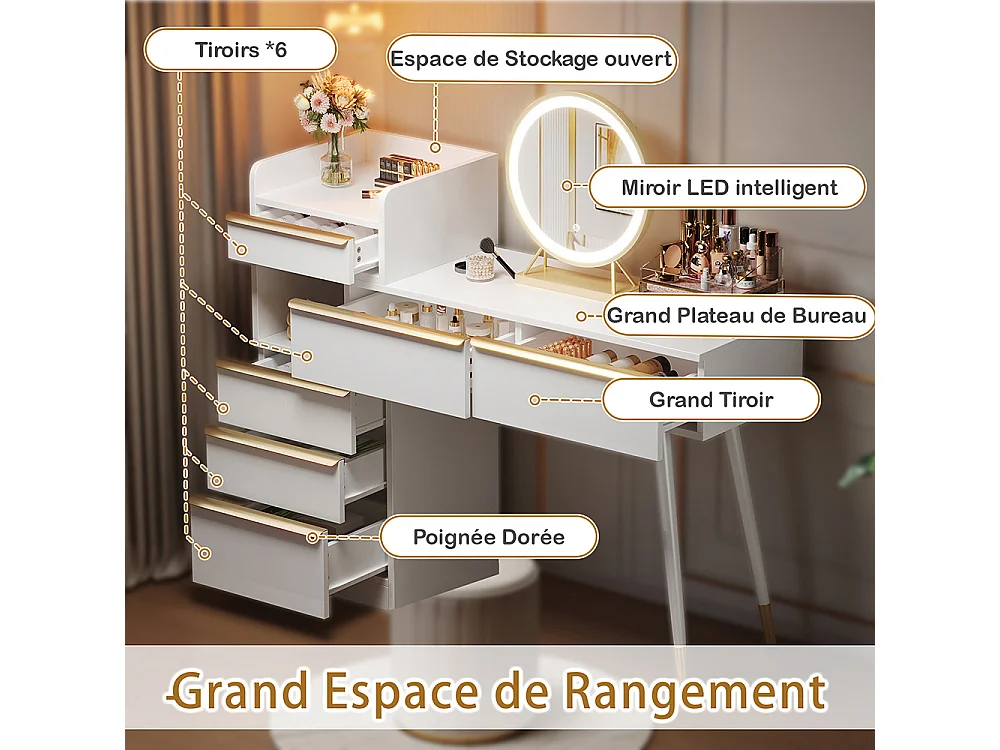 Coiffeuse blanc plateau coulissant 6 tiroirs poignées dorées miroir LED lumière tamisable sans tabouret