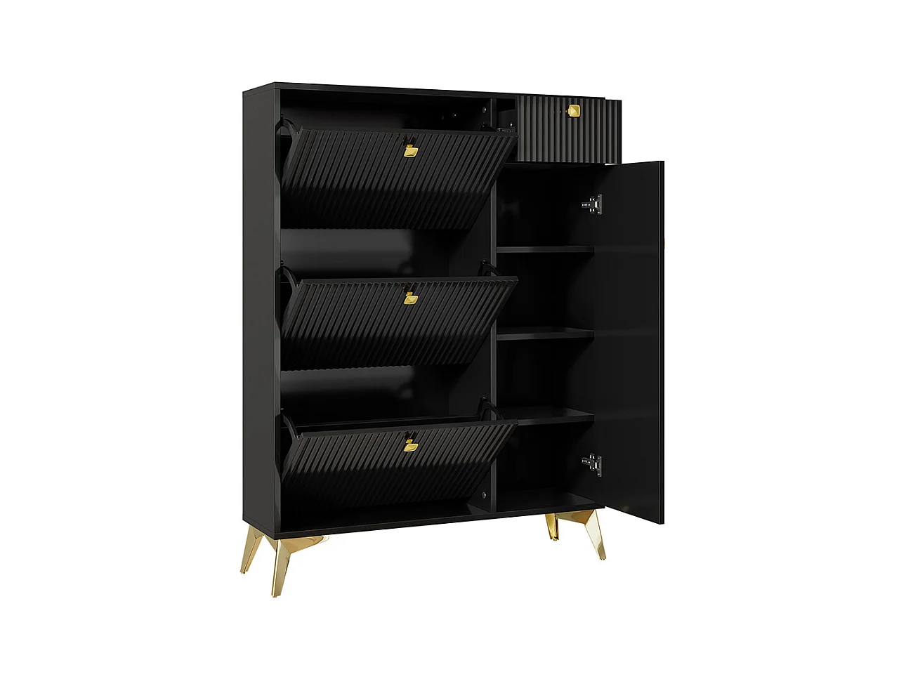 Meuble à chaussures noir 3 volets 1 tiroir 1 porte étagère étroit