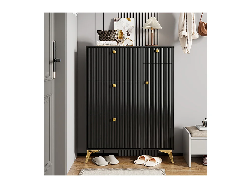 Meuble à chaussures noir 3 volets 1 tiroir 1 porte étagère étroit