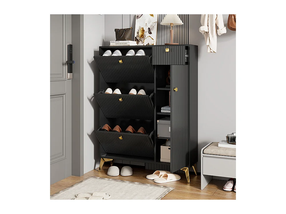 Meuble à chaussures noir 3 volets 1 tiroir 1 porte étagère étroit