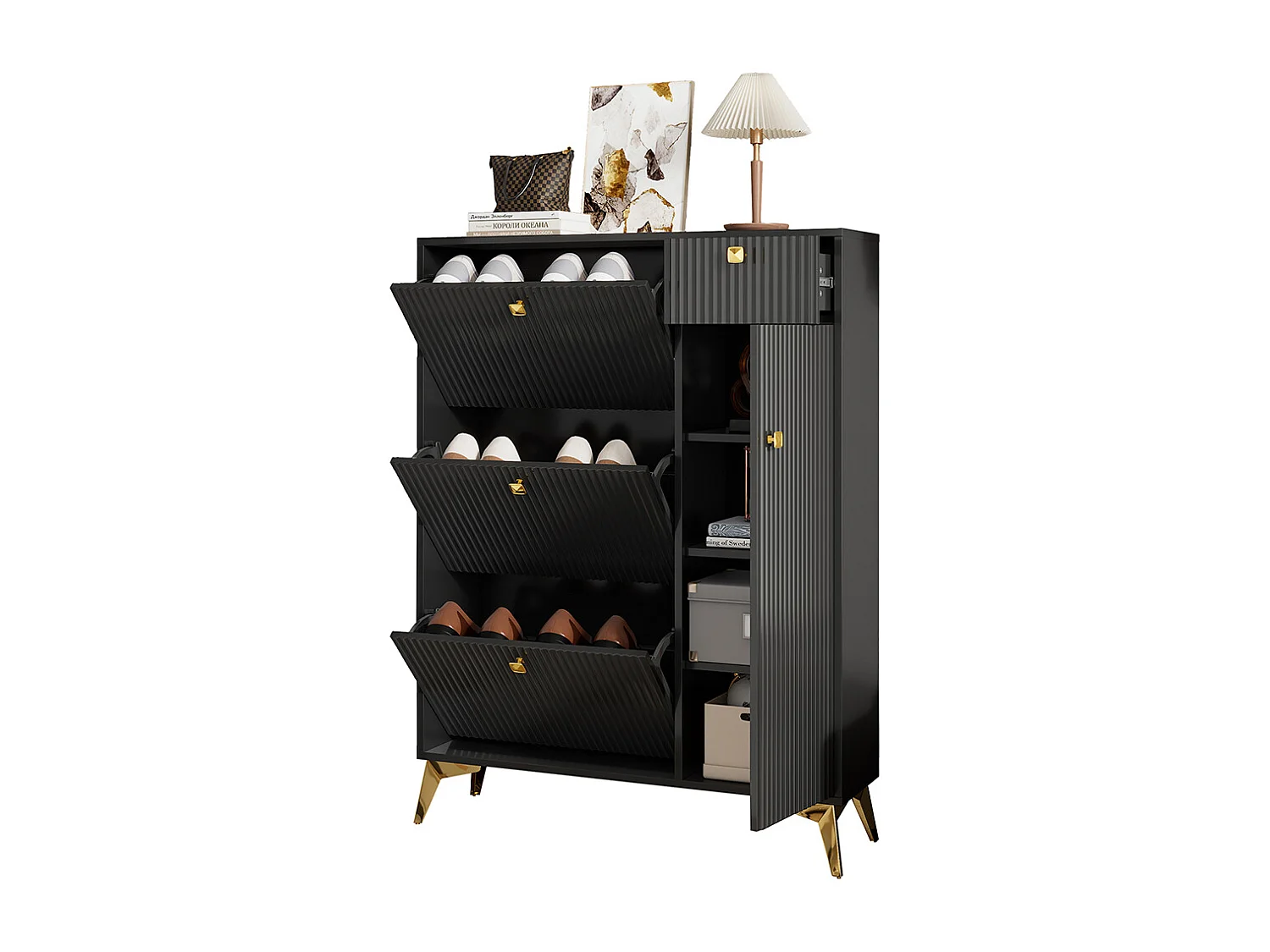 Meuble à chaussures noir 3 volets 1 tiroir 1 porte étagère étroit