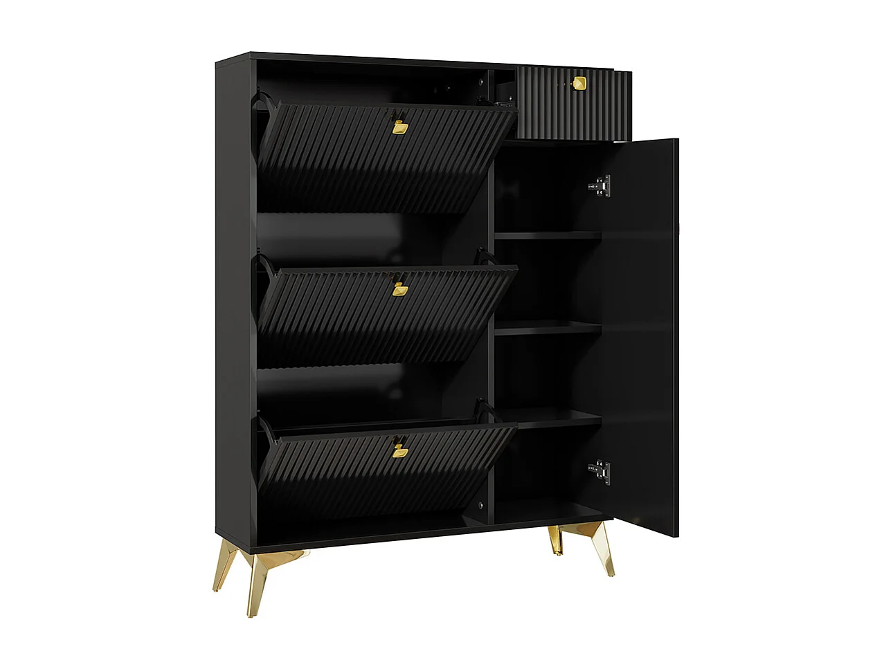 Meuble à chaussures noir 3 volets 1 tiroir 1 porte étagère étroit