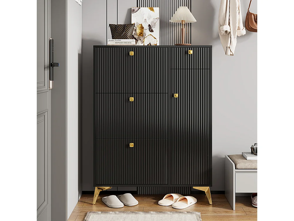 Meuble à chaussures noir 3 volets 1 tiroir 1 porte étagère étroit