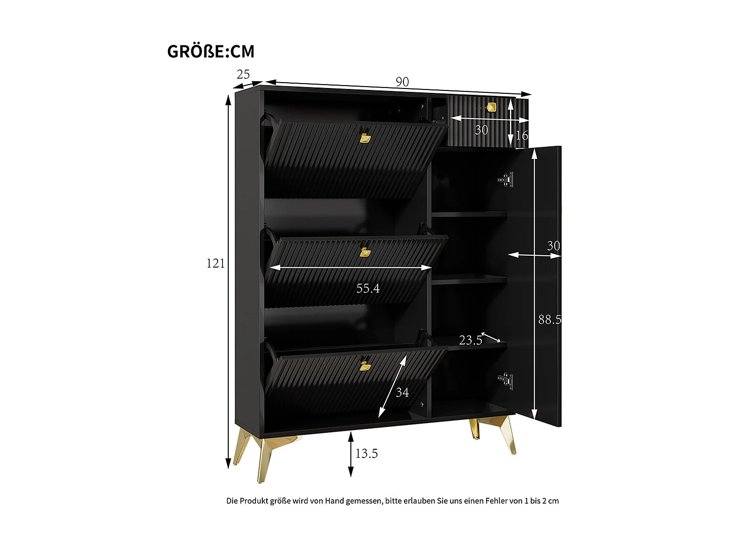 Meuble à chaussures noir 3 volets 1 tiroir 1 porte étagère étroit