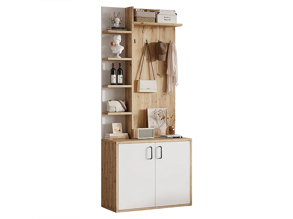 Vestiaire 75x33x180 cm patères chaussures crochets 5 niveaux armoires bois blanc