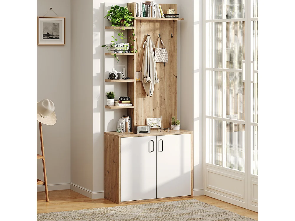 Vestiaire 75x33x180 cm patères chaussures crochets 5 niveaux armoires bois blanc