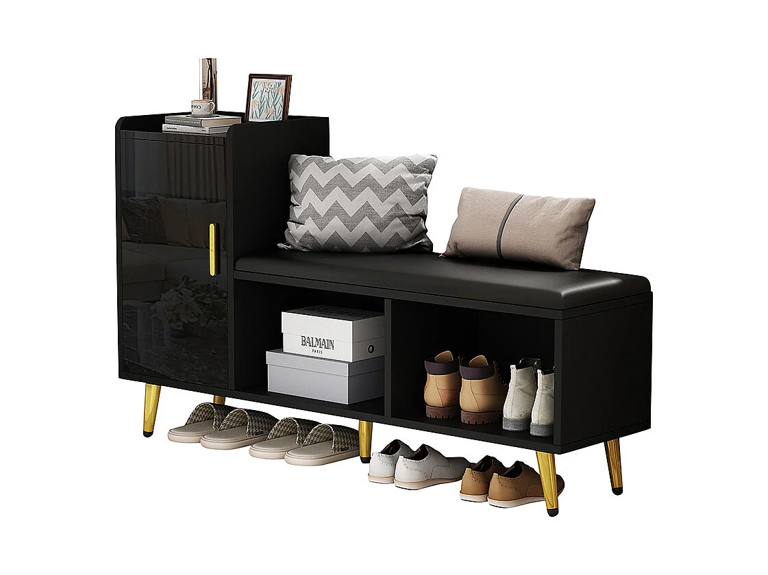 Schoenenkast glanzend zwart opbergruimte met beklede zitting gouden details hal
