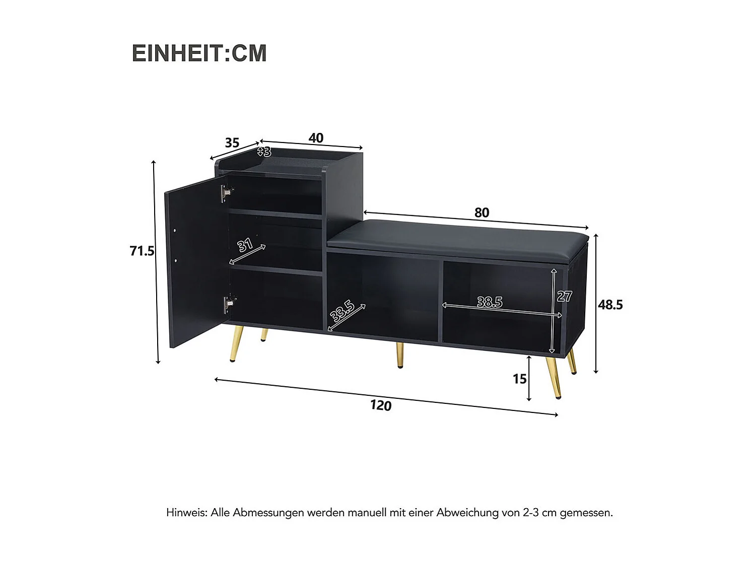 Schoenenkast glanzend zwart opbergruimte met beklede zitting gouden details hal
