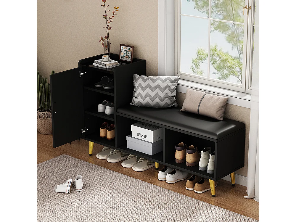 Schoenenkast glanzend zwart opbergruimte met beklede zitting gouden details hal