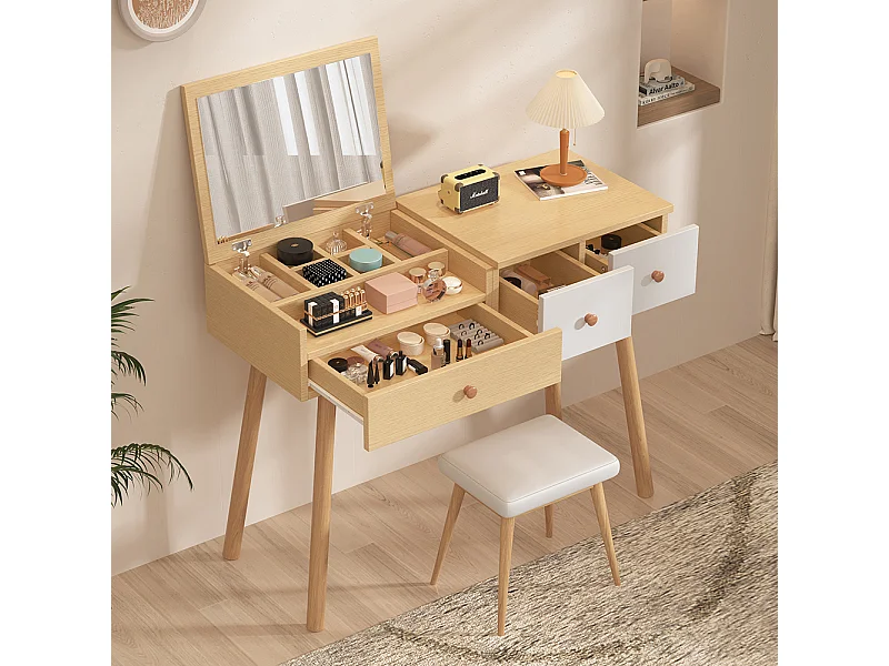 Coiffeuse naturel bois miroir tiroirs rangement divisé grande capacité sans tabouret