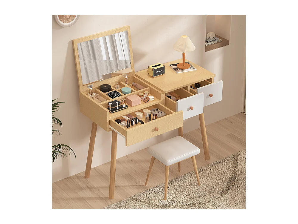 Coiffeuse naturel bois miroir tiroirs rangement divisé grande capacité sans tabouret