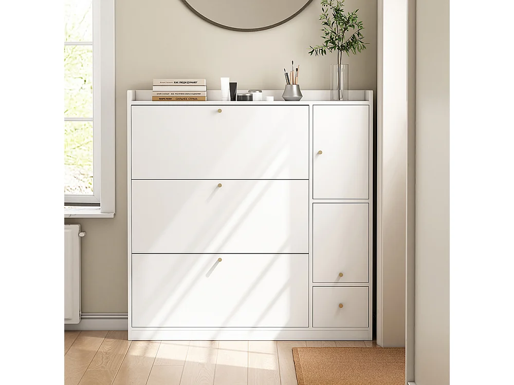 Meuble à chaussures blanc 3 tiroirs rabattables organiseur entrée banc rabattable