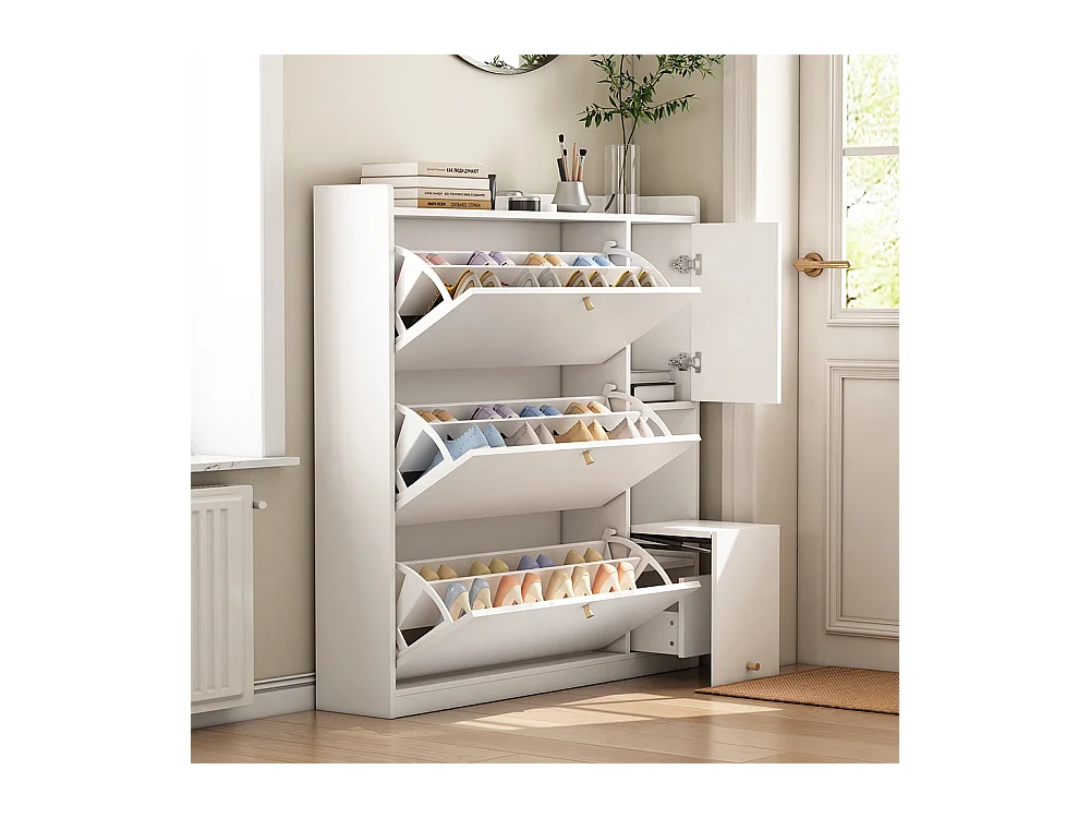 Meuble à chaussures blanc 3 tiroirs rabattables organiseur entrée banc rabattable
