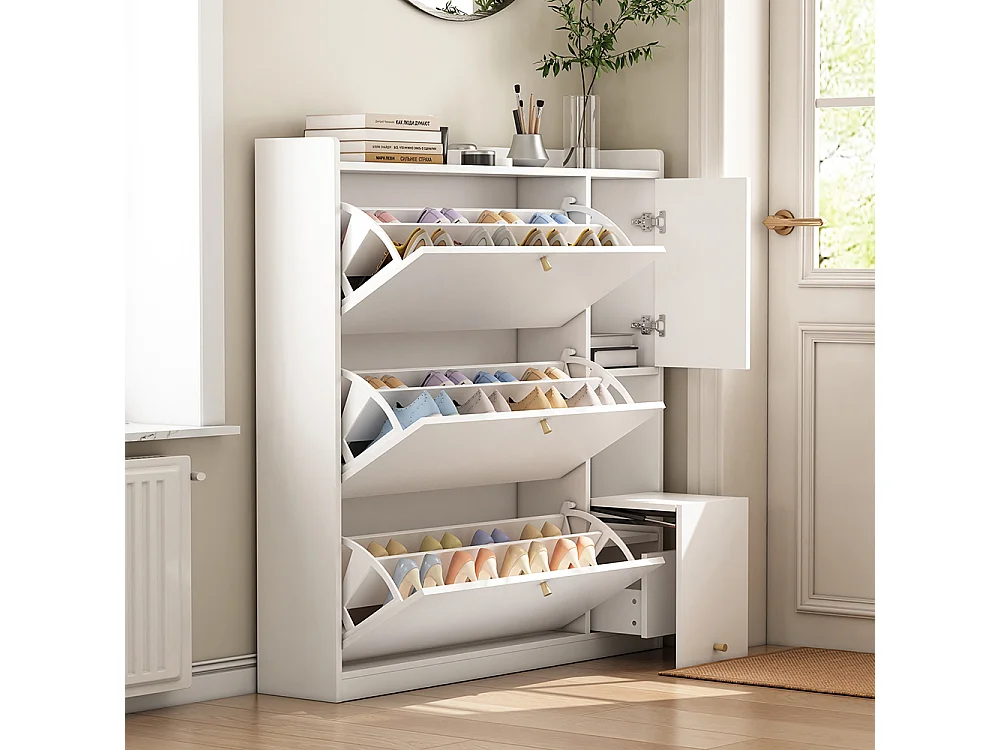 Meuble à chaussures blanc 3 tiroirs rabattables organiseur entrée banc rabattable