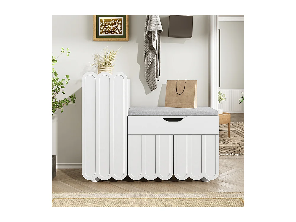 Meuble à chaussures moderne à 3 portes avec tiroir et coussin d'assise peu encombrants bancs à chaussures élégants pour le couloir et l'entrée blanc