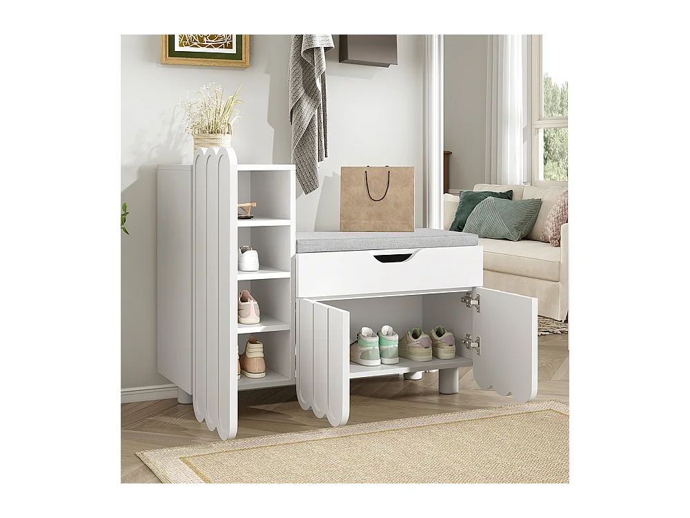 Meuble à chaussures moderne à 3 portes avec tiroir et coussin d'assise peu encombrants bancs à chaussures élégants pour le couloir et l'entrée blanc